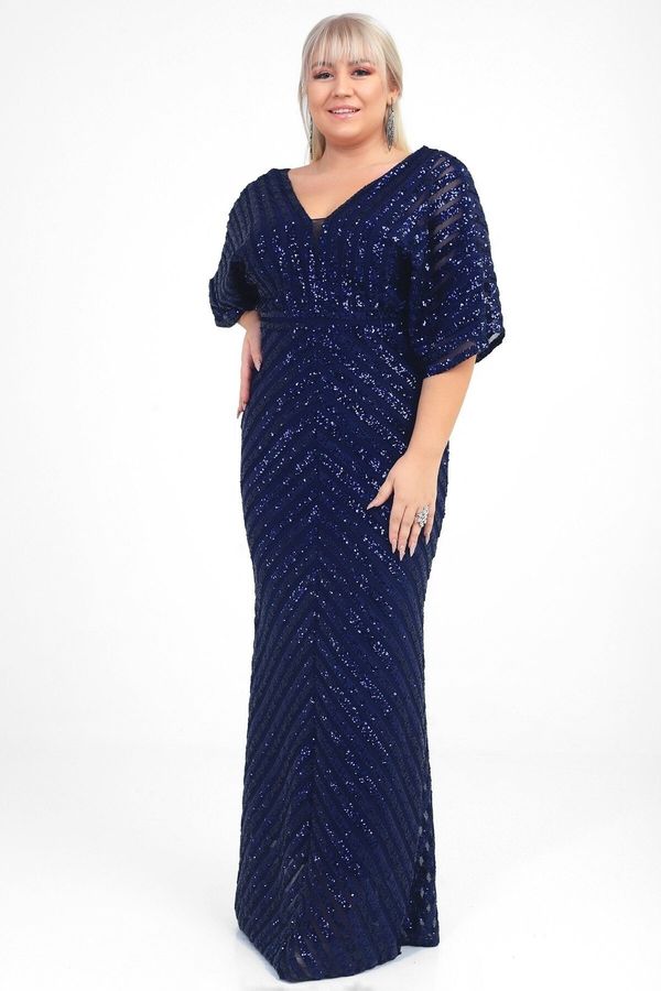 By Saygı By Saygı Women's Navy Blue Ottoban Sequined Lined Plus Size Long Evening Dress