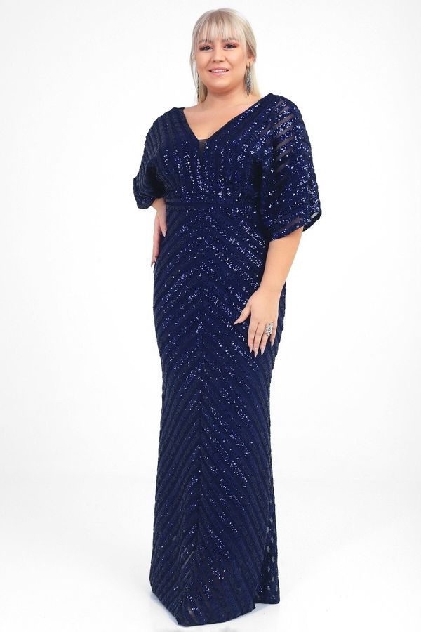 By Saygı By Saygı Women's Navy Blue Ottoban Stamp Sequin Lined Plus Size Long Evening Dress