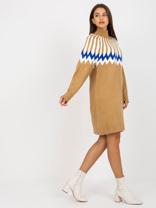 Fashionhunters Camel knitted dress with patterns RUE PARIS