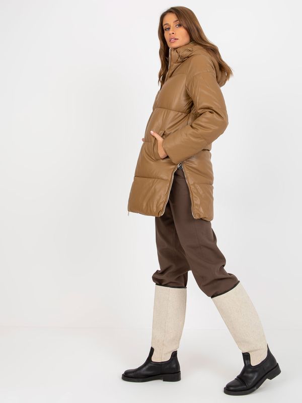 Fashionhunters Camel winter jacket made of eco-leather with stitching