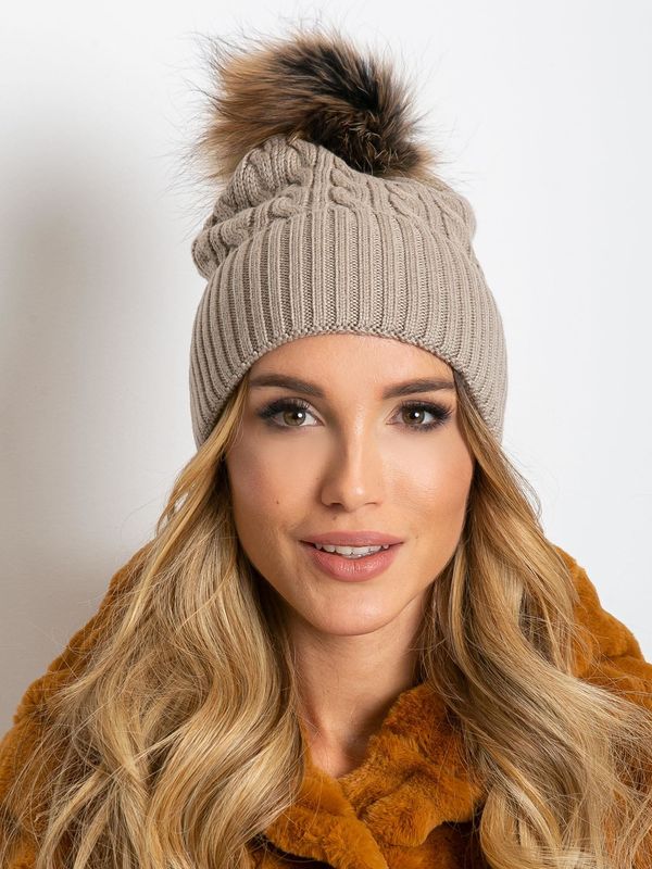 Fashionhunters Cap with braids and fur pompom, beige