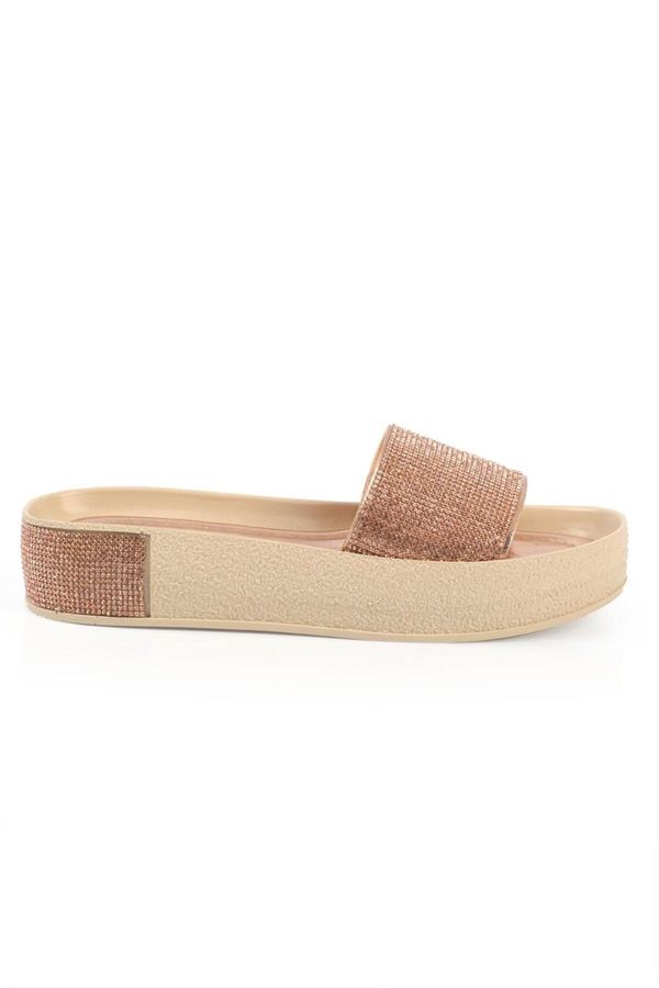 Capone Outfitters Capone Outfitters Capone Single Wide Strap with Stones Stitched Detailed Wedge Heel Women's Metallic Slippers.