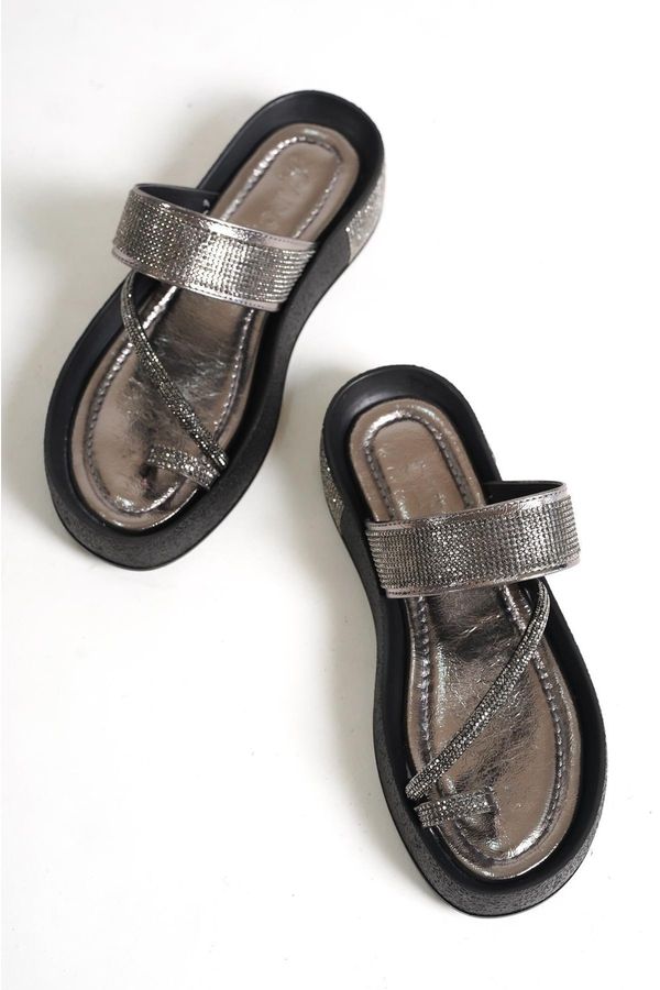 Capone Outfitters Capone Outfitters Capone Studded Band with Stones and Stitched Detailed Wedge Heel Metallic Women's Slippers.