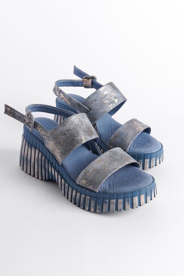 Capone Outfitters Capone Outfitters Genuine Leather Denim Double Strap Wedge Heel Women Sandals