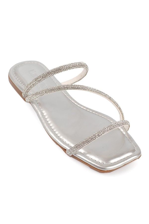 Capone Outfitters Capone Outfitters With Capone Stones, 3-Stripes, Flat Heel, Quilted Silver Women's Slippers.
