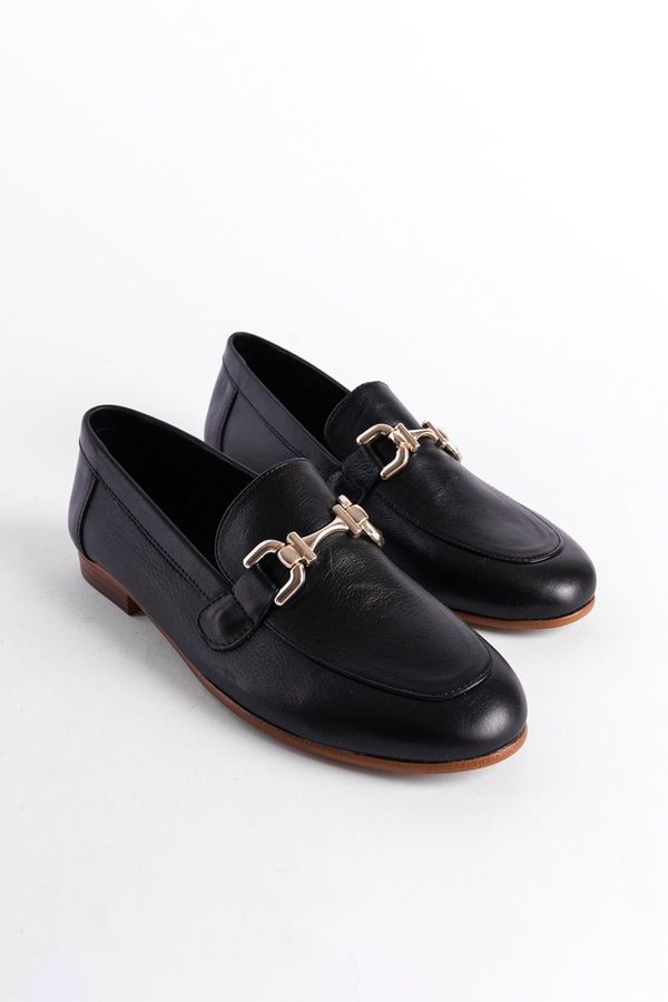 Capone Outfitters Capone Outfitters Women's Black Genuine Leather Loafer with Gold Buckle