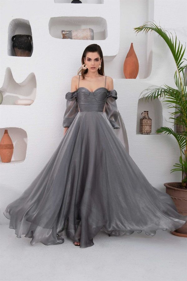 Carmen Carmen Anthracite Organza Low Sleeve Engagement Evening Dress