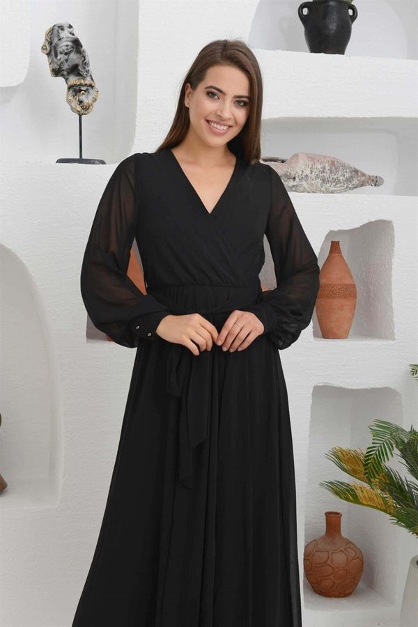 Carmen Carmen Black Chiffon Double Breasted Long Evening Dress