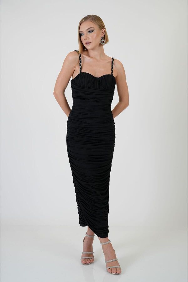 Carmen Carmen Black Gathered Strap Venezia Evening Dress