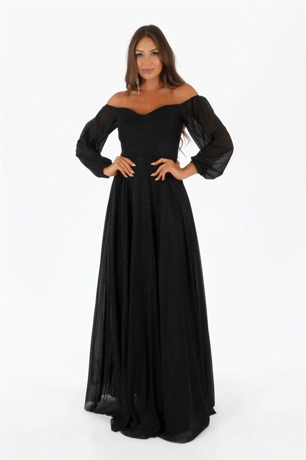 Carmen Carmen Black Glittery Collar Long Sleeve Engagement Dress