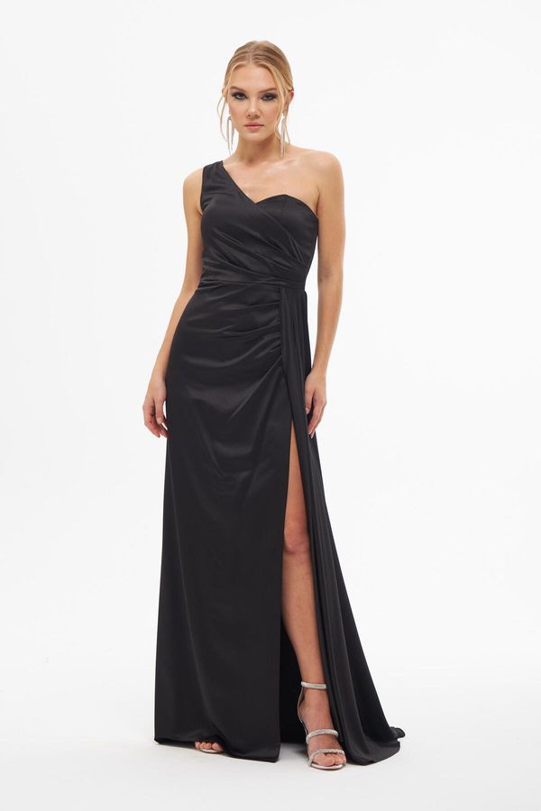 Carmen Carmen Black Satin One Shoulder Slit Long Evening Dress