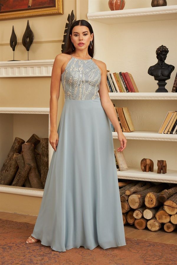 Carmen Carmen Çağla Sequined Sequined Long Evening Dress with Low-Cut Back.