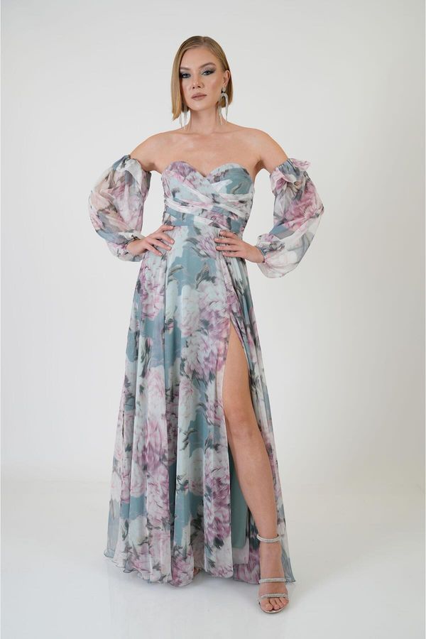 Carmen Carmen Çağla Strapless Slit Printed Evening Dress