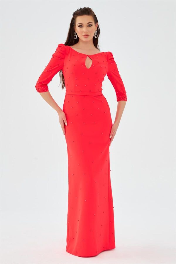 Carmen Carmen Coral Crepe Pearl Embroidered Long Evening Dress