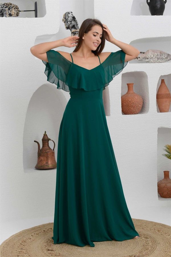 Carmen Carmen Emerald Low Sleeves Long Evening Dress with Straps