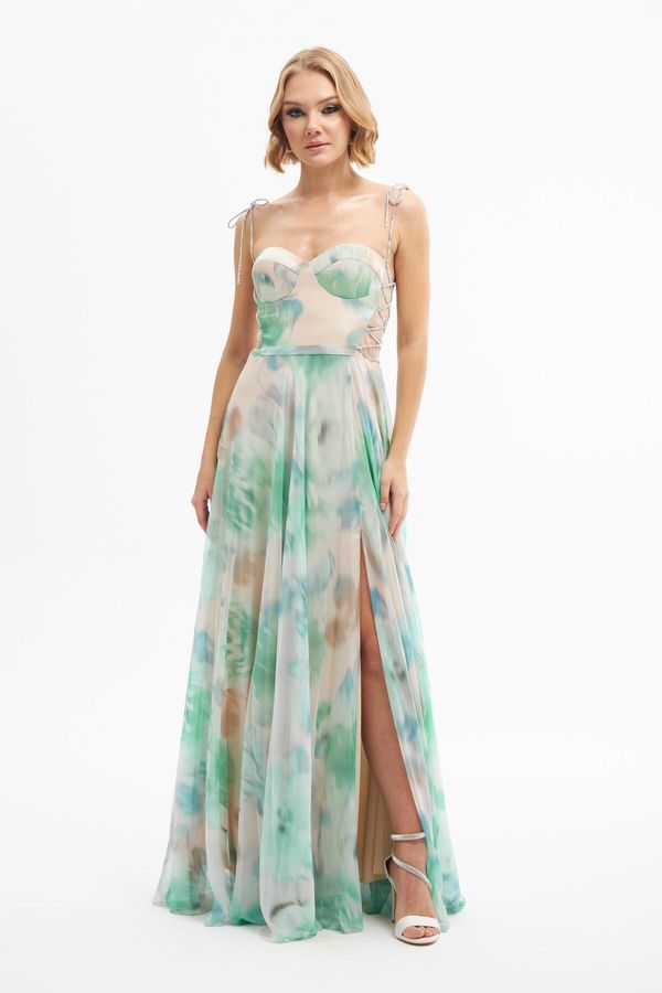 Carmen Carmen Emerald Printed Slit Long Evening Dress