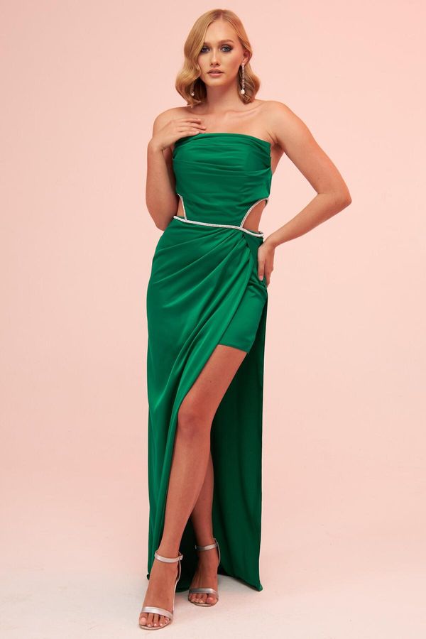 Carmen Carmen Emerald Satin Strapless Long Evening Dress with Side Slit