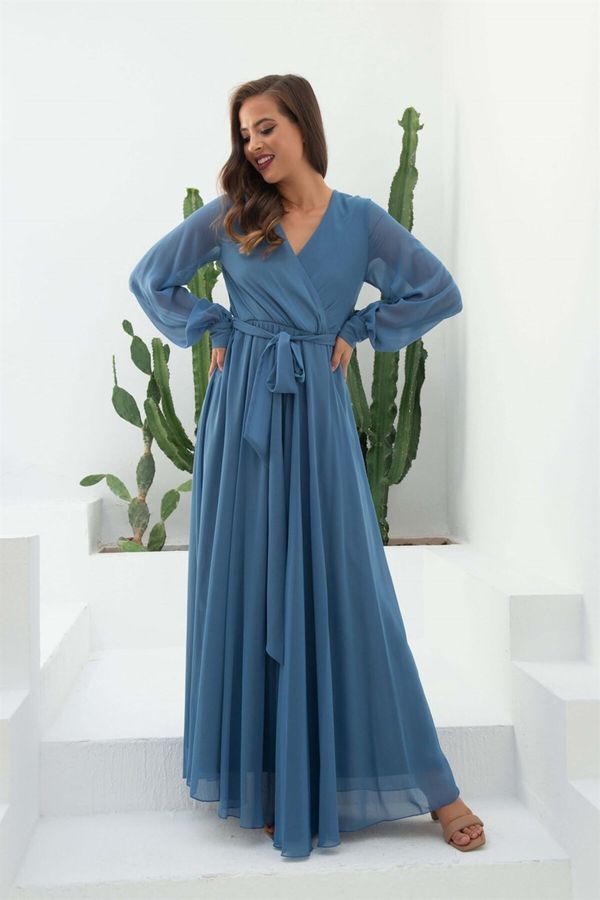 Carmen Carmen Indigo Chiffon Double Breasted Long Evening Dress