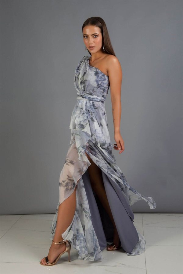 Carmen Carmen Indigo Printed Single Sleeve Slit Long Evening Dress