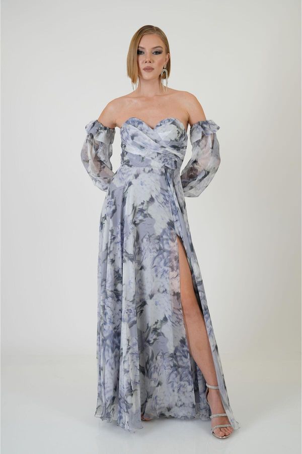 Carmen Carmen Indigo Strapless Slit Printed Evening Dress