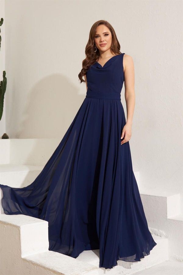 Carmen Carmen Navy Blue Chiffon Off-Neck Long Evening Dress and Invitation Dress