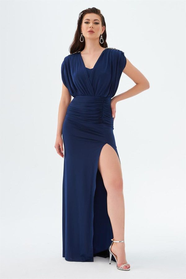 Carmen Carmen Navy Blue Sandy Slit Decollete Long Evening Dress