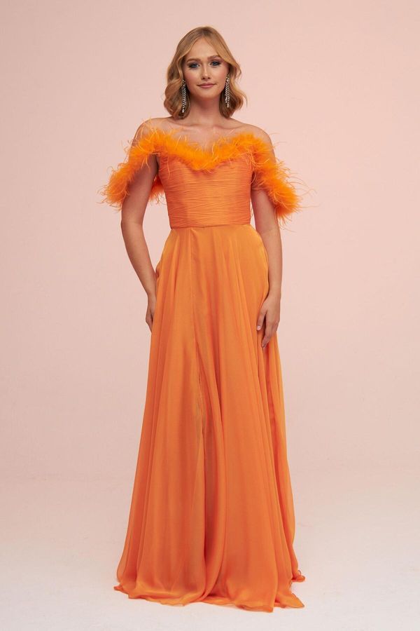 Carmen Carmen Orange Chiffon Feathered Slit Long Evening Dress