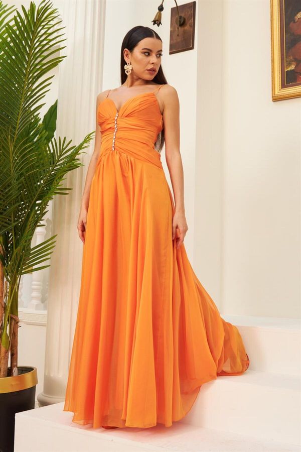 Carmen Carmen Orange Chiffon Strap Long Evening Dress and Invitation Dress with Stone Collar