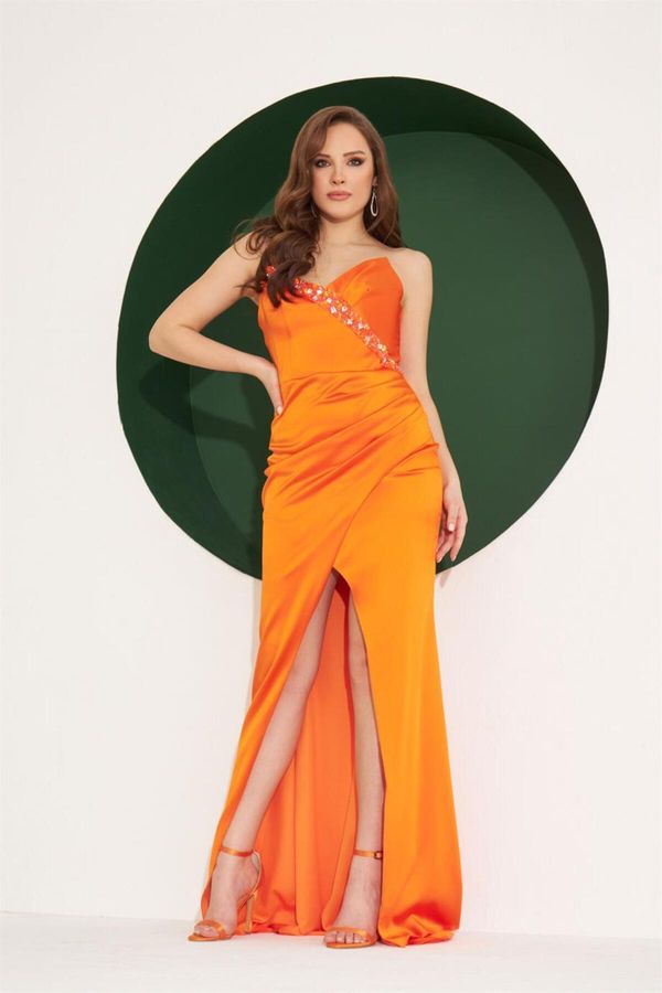 Carmen Carmen Orange Satin Strapless Embroidered Long Evening Dress