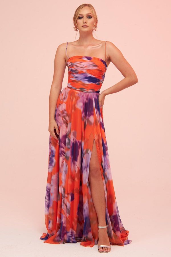 Carmen Carmen Orange Strap Slit Printed Evening Dress