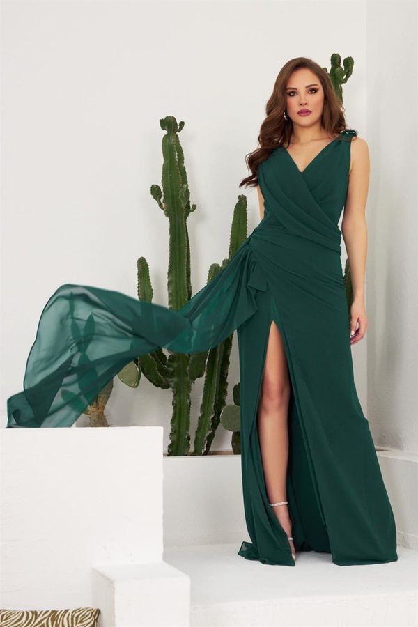 Carmen Carmen Petrol Chiffon Long Evening Dress And Invitation Dress With Stones On The Shoulder