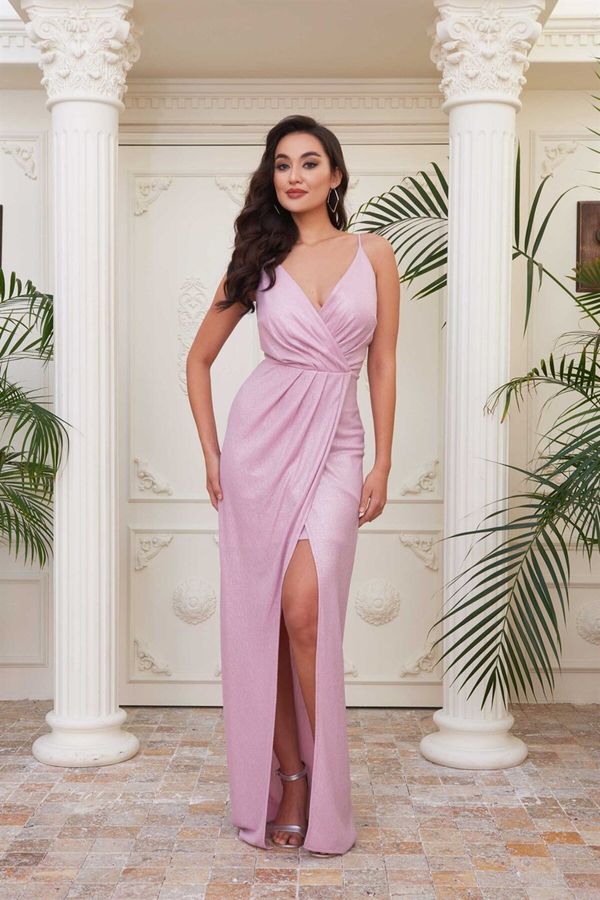 Carmen Carmen Pink Lacquered Chiffon Double Breasted Slit Evening Dress