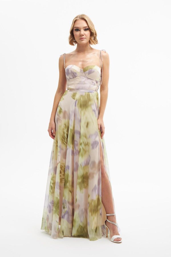 Carmen Carmen Pistachio Green Printed Slit Long Evening Dress