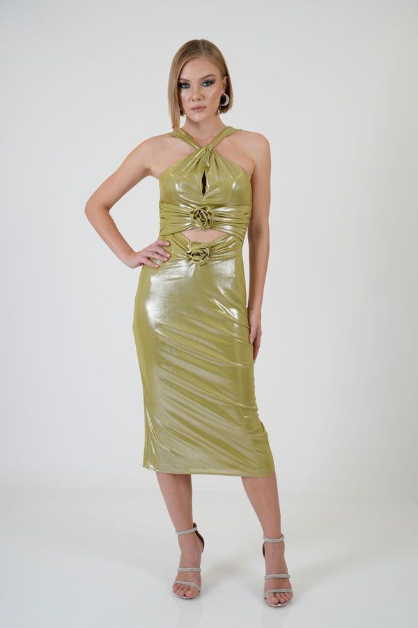 Carmen Carmen Pistachio Green Rose Detailed Decollete Sandy Evening Dress