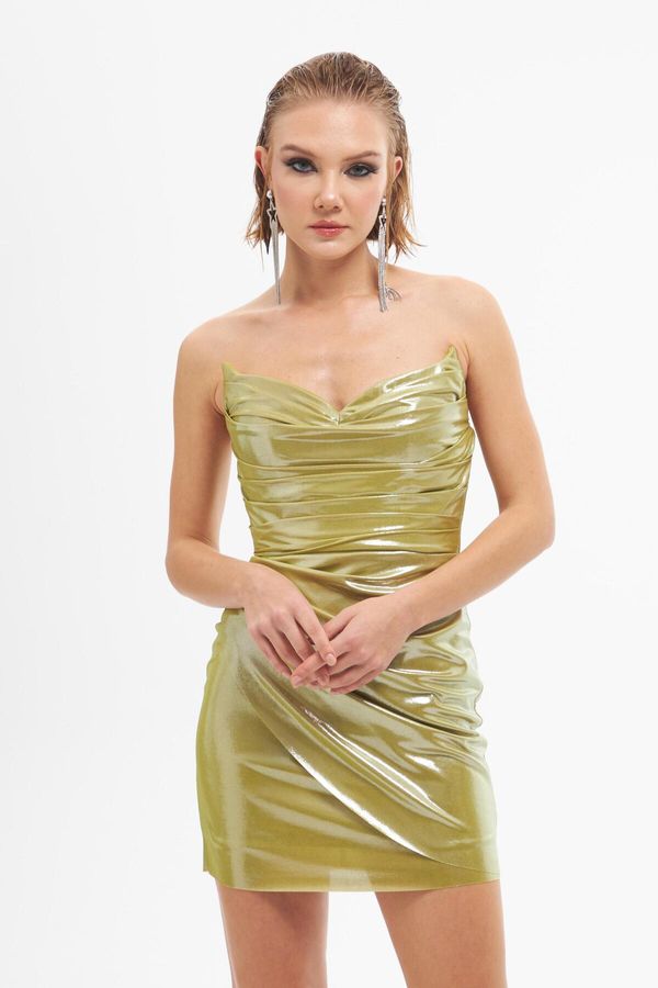 Carmen Carmen Pistachio Green Shiny Knitted Strapless Short Evening Dress