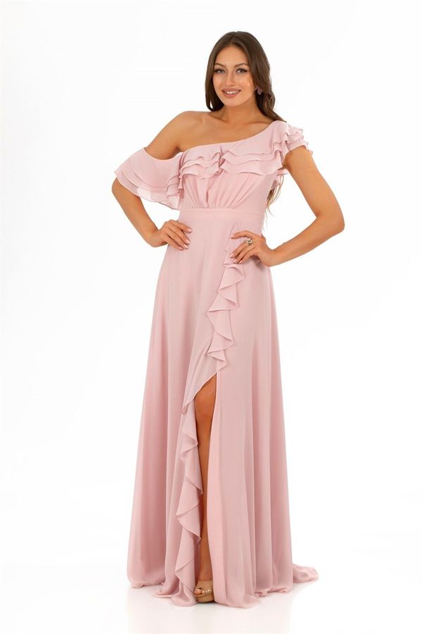 Carmen Carmen Powder Chiffon Off Shoulder Flounce Slit Evening Dress