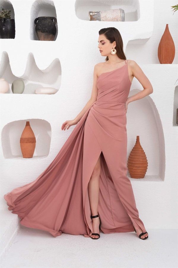 Carmen Carmen Powder Satin One Shoulder Long Evening Dress