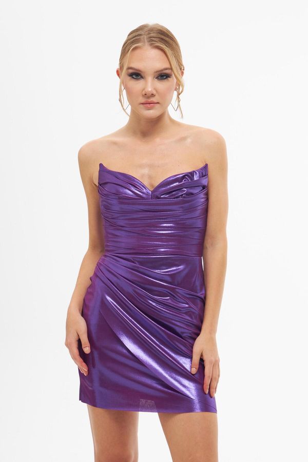 Carmen Carmen Purple Shiny Knitted Strapless Short Evening Dress