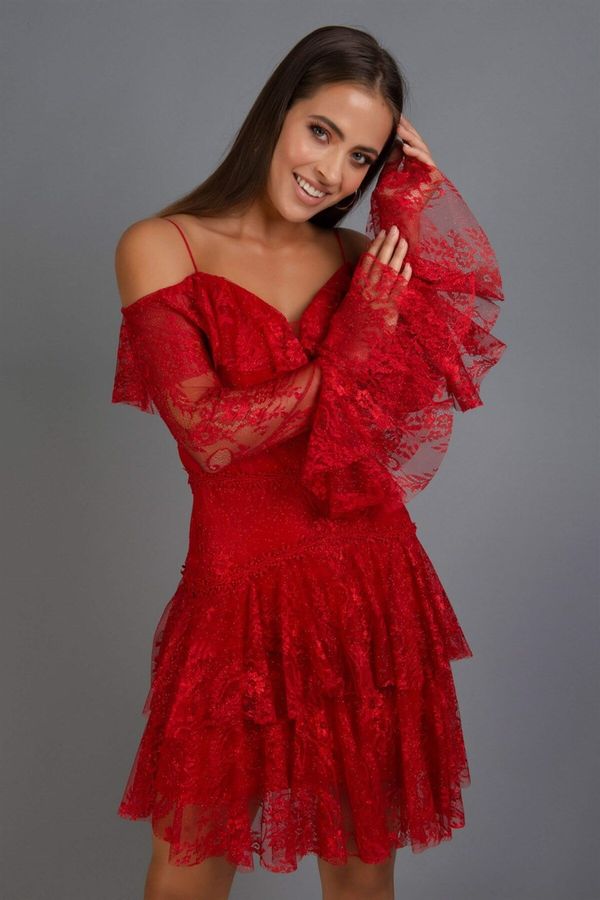 Carmen Carmen Red Lace Long Sleeve Short Evening Dress