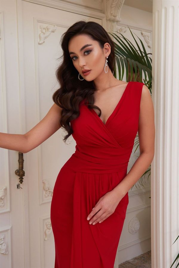 Carmen Carmen Red Sandy Slit Long Evening Dress