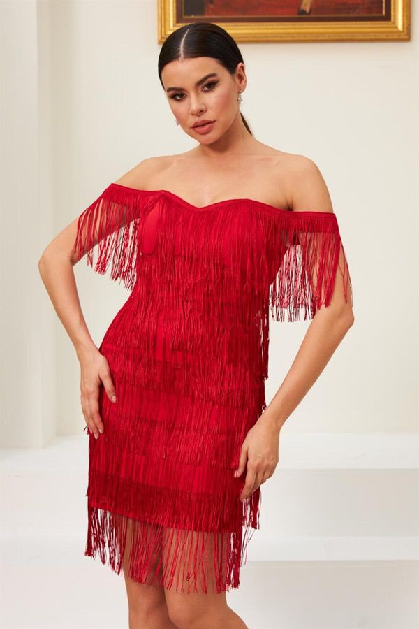 Carmen Carmen Red Tassels Low Sleeve Henna And After Party Dress