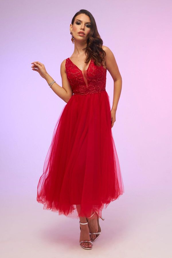 Carmen Carmen Red Tulle Decollete Back Midi Promise Dress