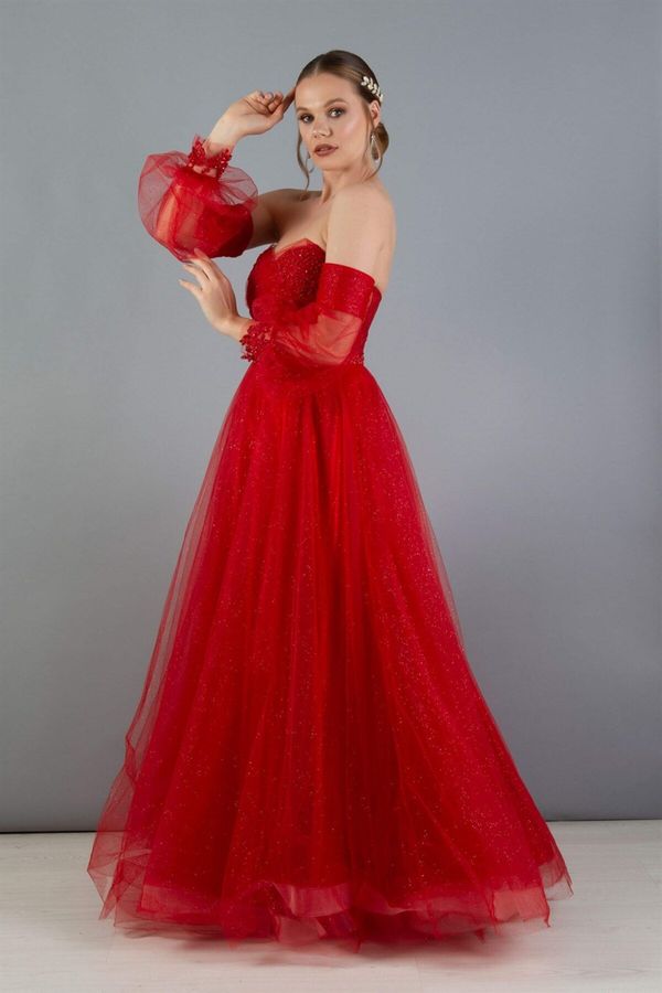 Carmen Carmen Red Tulle Low Sleeve Engagement Evening Dress