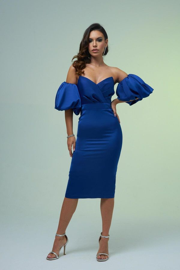 Carmen Carmen Saxe Blue Balloon Sleeve Short Evening Dress