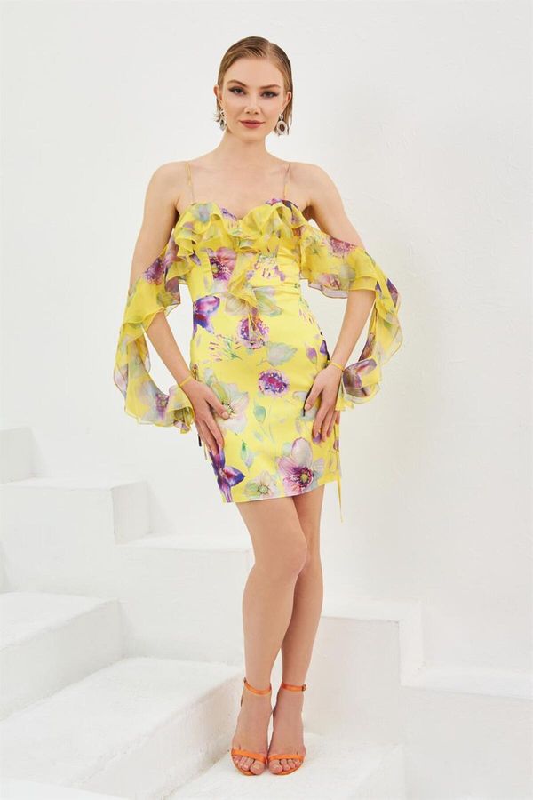 Carmen Carmen Yellow Empirme Short Evening Dress with Straps and Ruffled sleeves.