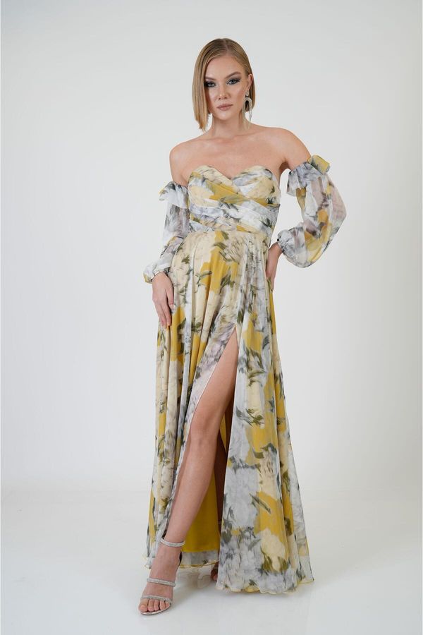 Carmen Carmen Yellow Strapless Slit Printed Evening Dress