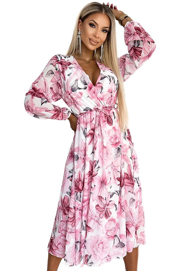 NUMOCO Chiffon midi dress with long sleeves and neckline - white with pale pink flowers