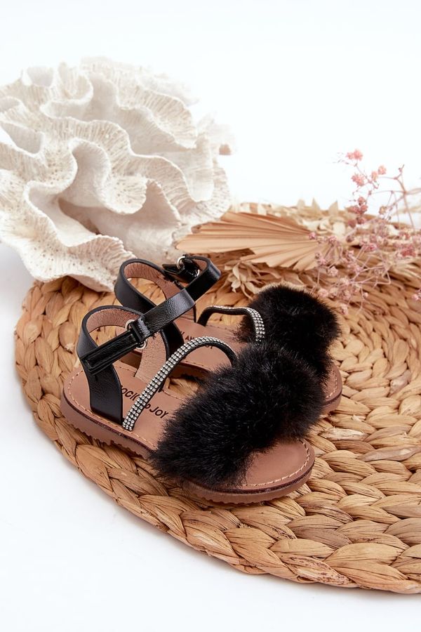 Kesi Children's Velcro sandals with fur, black Rosavere
