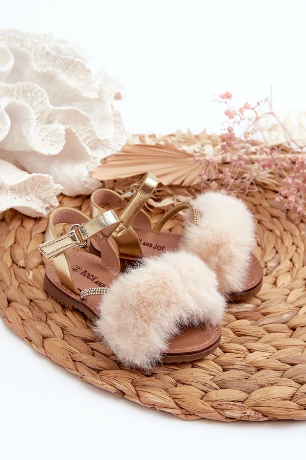 Kesi Children's Velcro sandals with fur, gold Rosavere