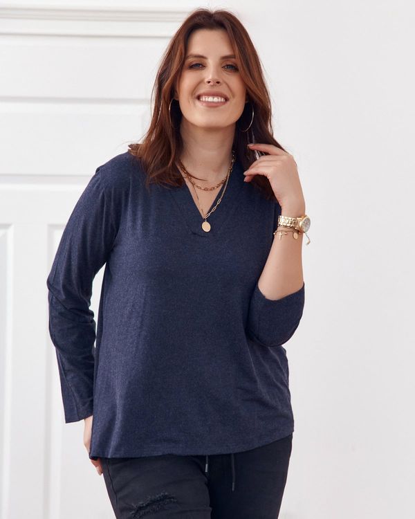 FASARDI Classic dark blue blouse with V-neck